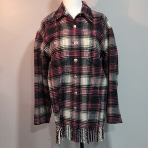 Sigrid Olsen Black/Pink Plaid/Fringe Button Down Jacket/ Shirt,Size S.